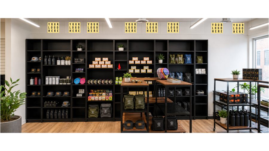 Example of sponsor panels above the shelving on the retail floor